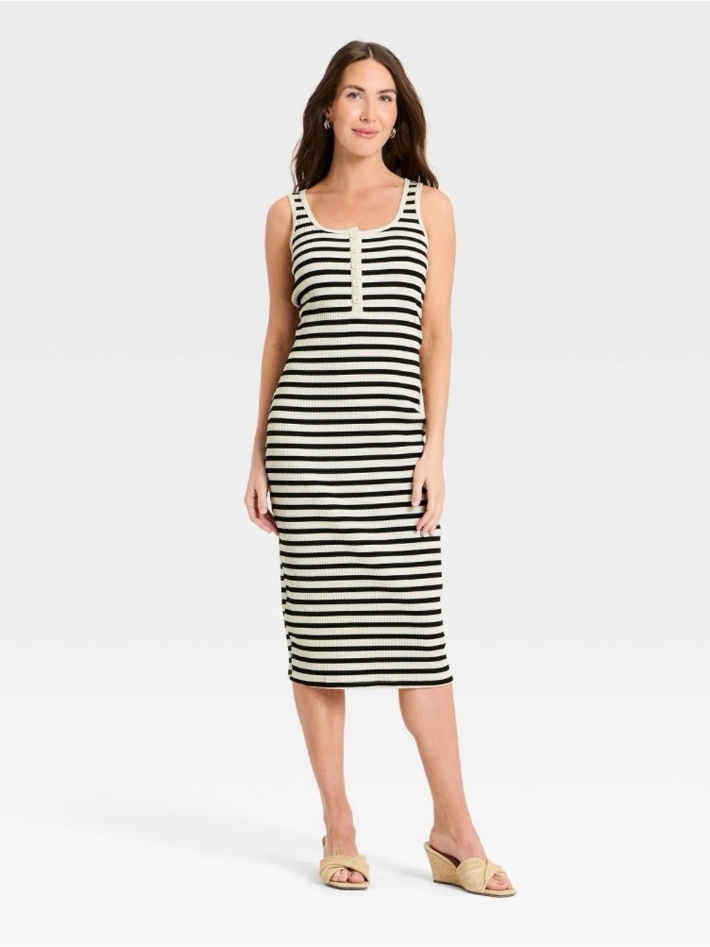 a new day Black and Cream Striped Ribbed Tank Midi Dress b215